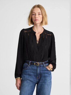Madewell Black Lace-Insert Button Up Long Sleeve Top S NWT